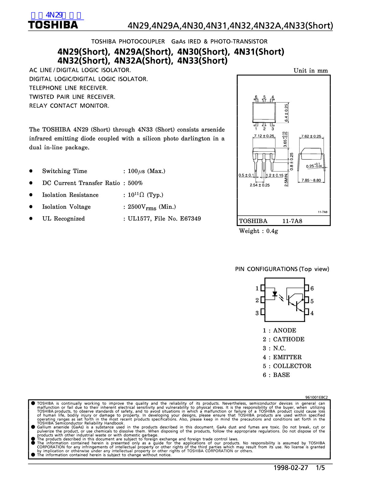 TOSHIBA 4N29, 4N29A, 4N30, 4N32, 4N32A Technical data