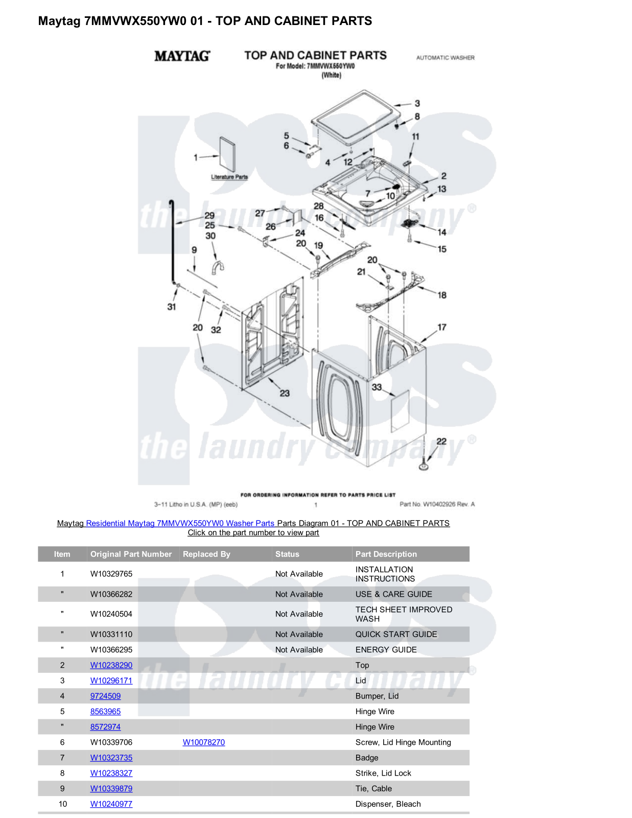 Maytag 7MMVWX550YW0 Parts Diagram