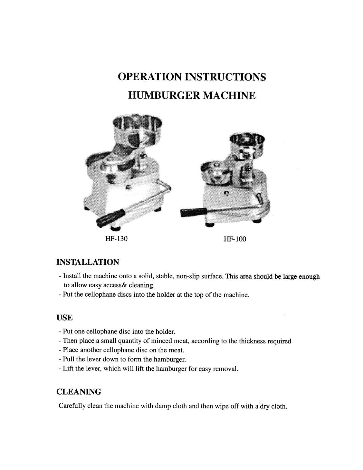 Omcan Food Machinery HF-100 Installation  Manual