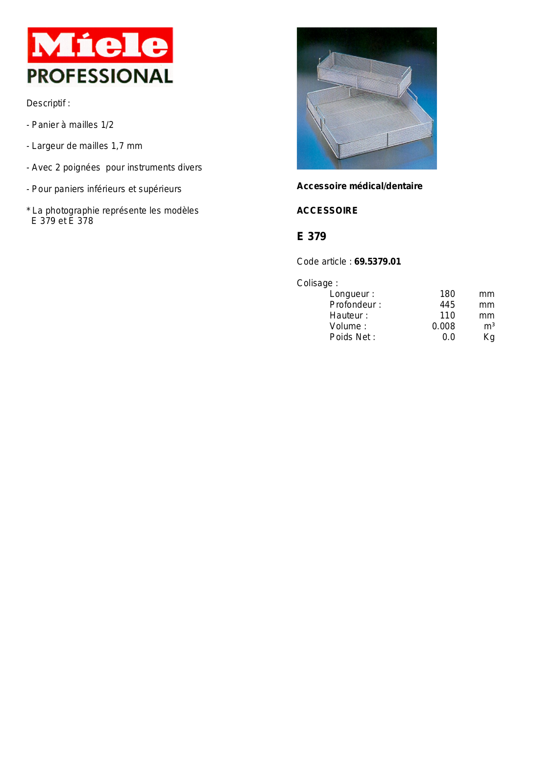 MIELE E 379 DESCRIPTIF User Manual