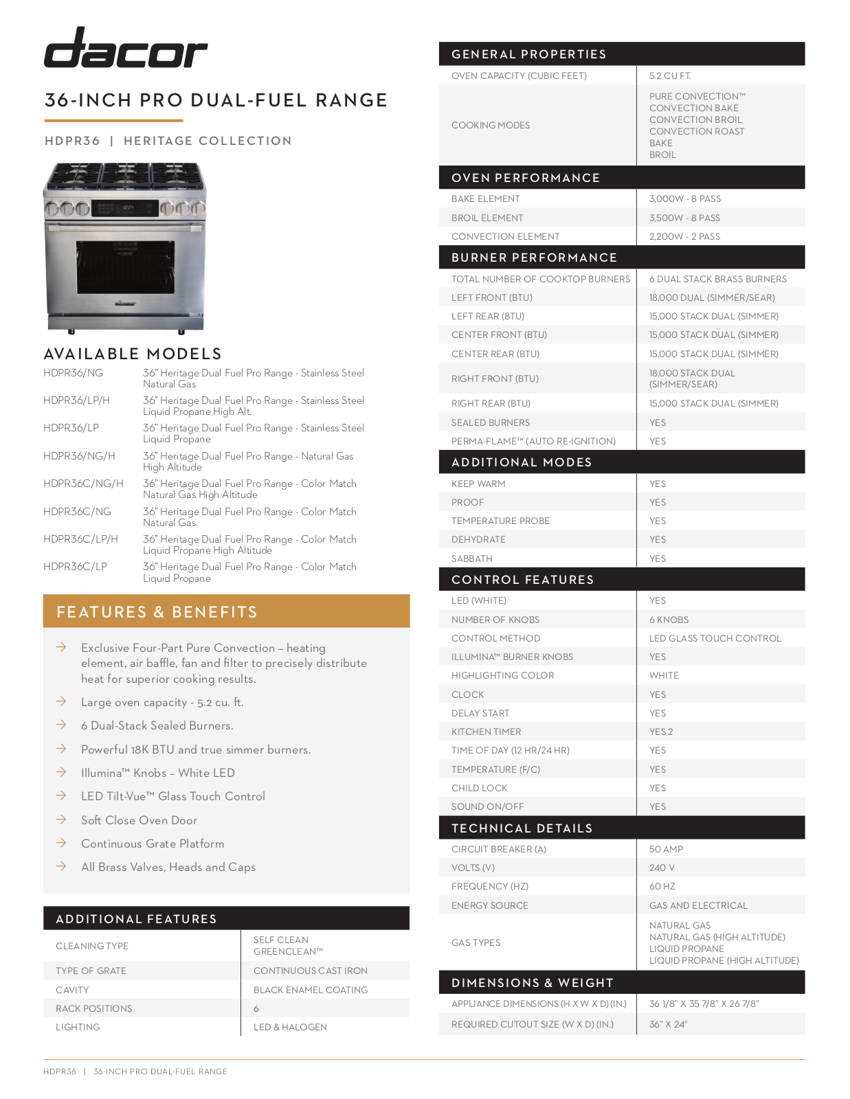 Dacor HDPR36CLP Specs