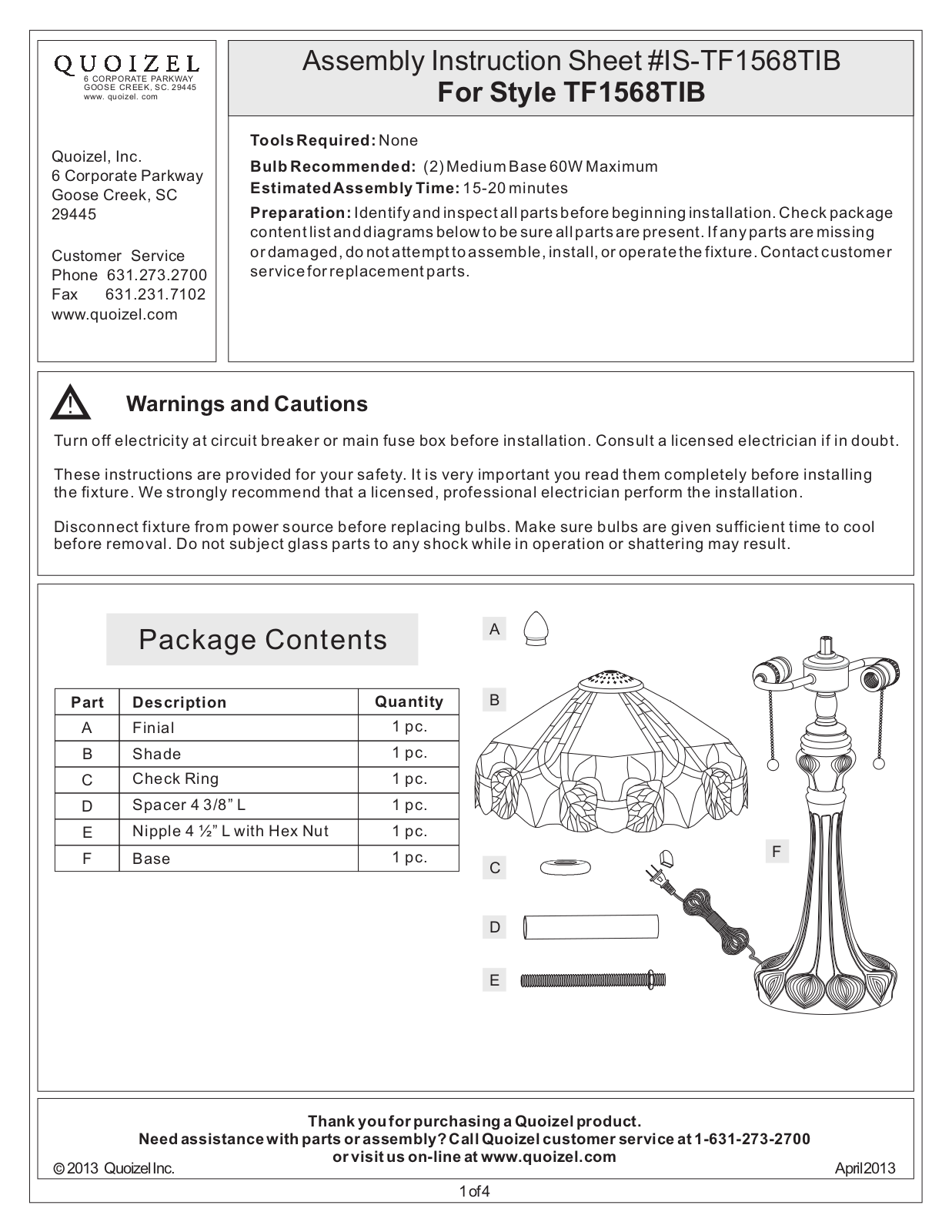 Quoizel TF1568TIB User Manual