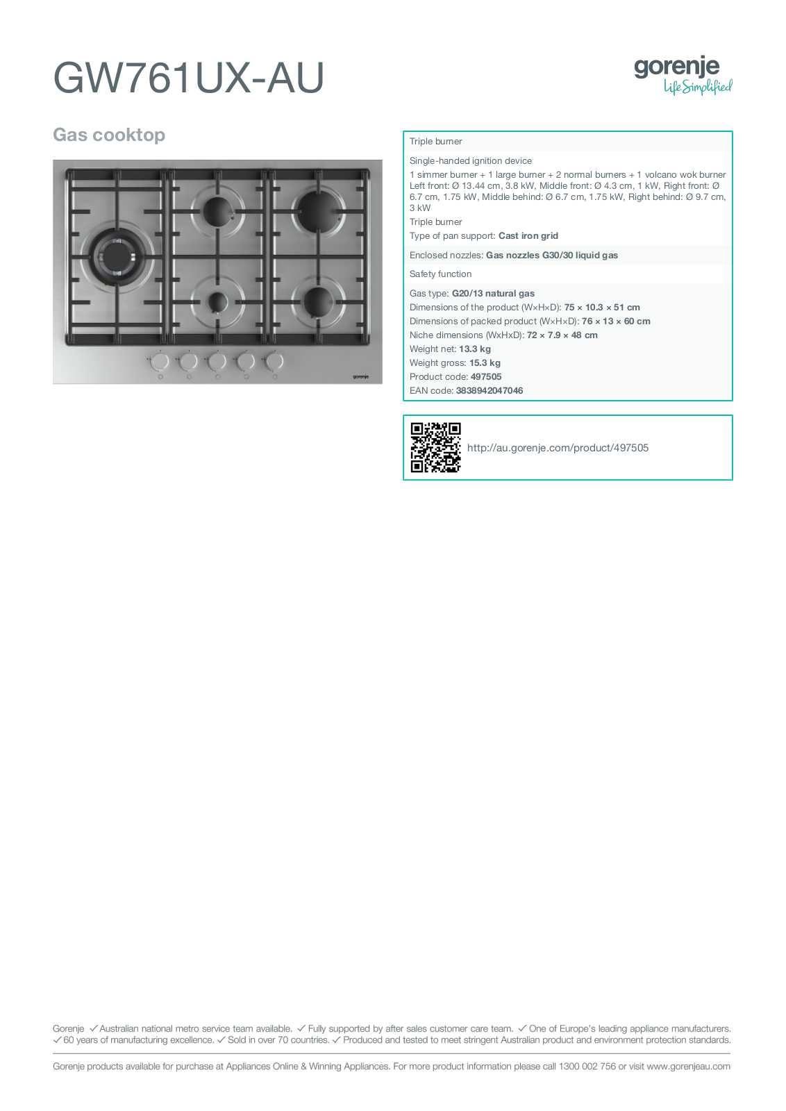 Gorenje GW761UX-AU Specifications Sheet