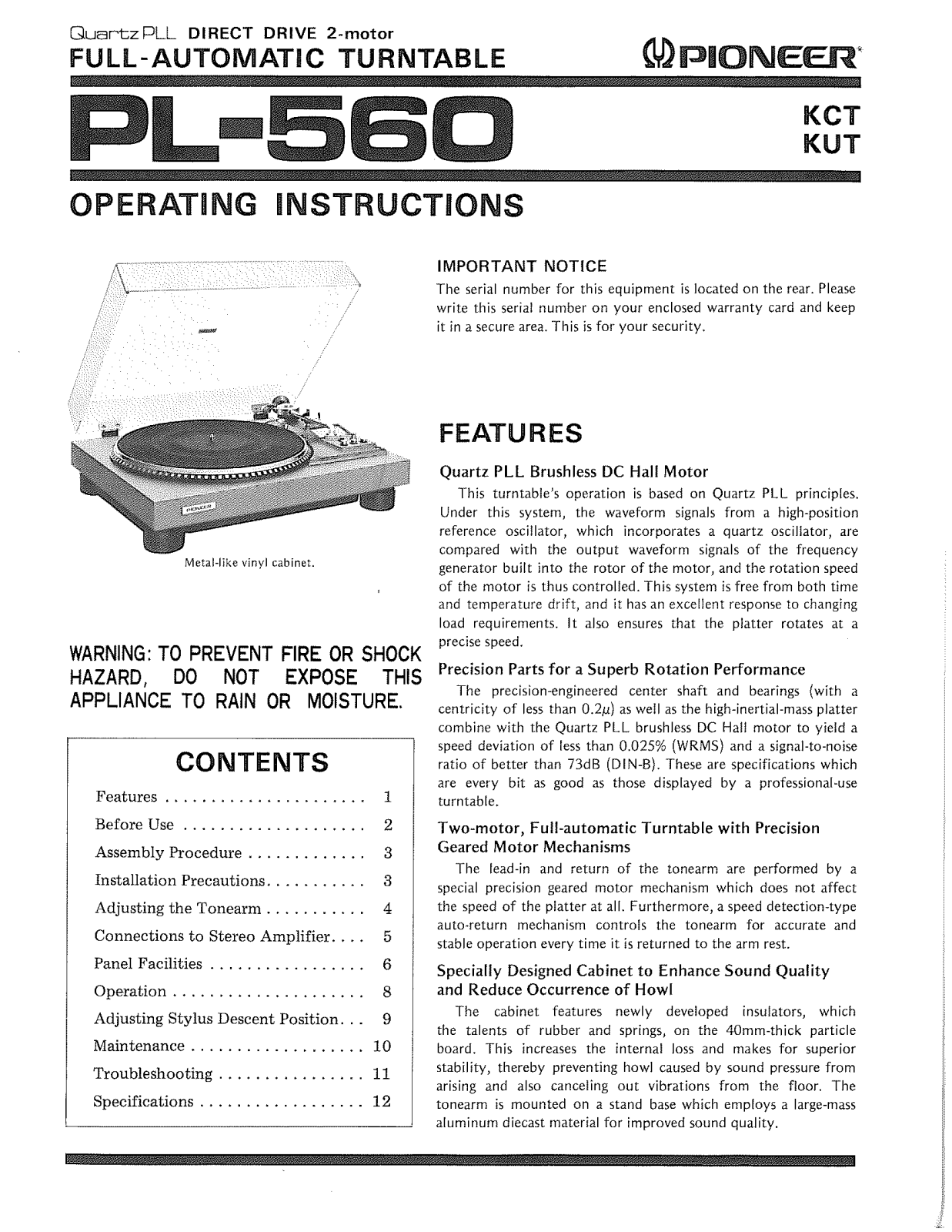 Pioneer PL-560 Owners Manual