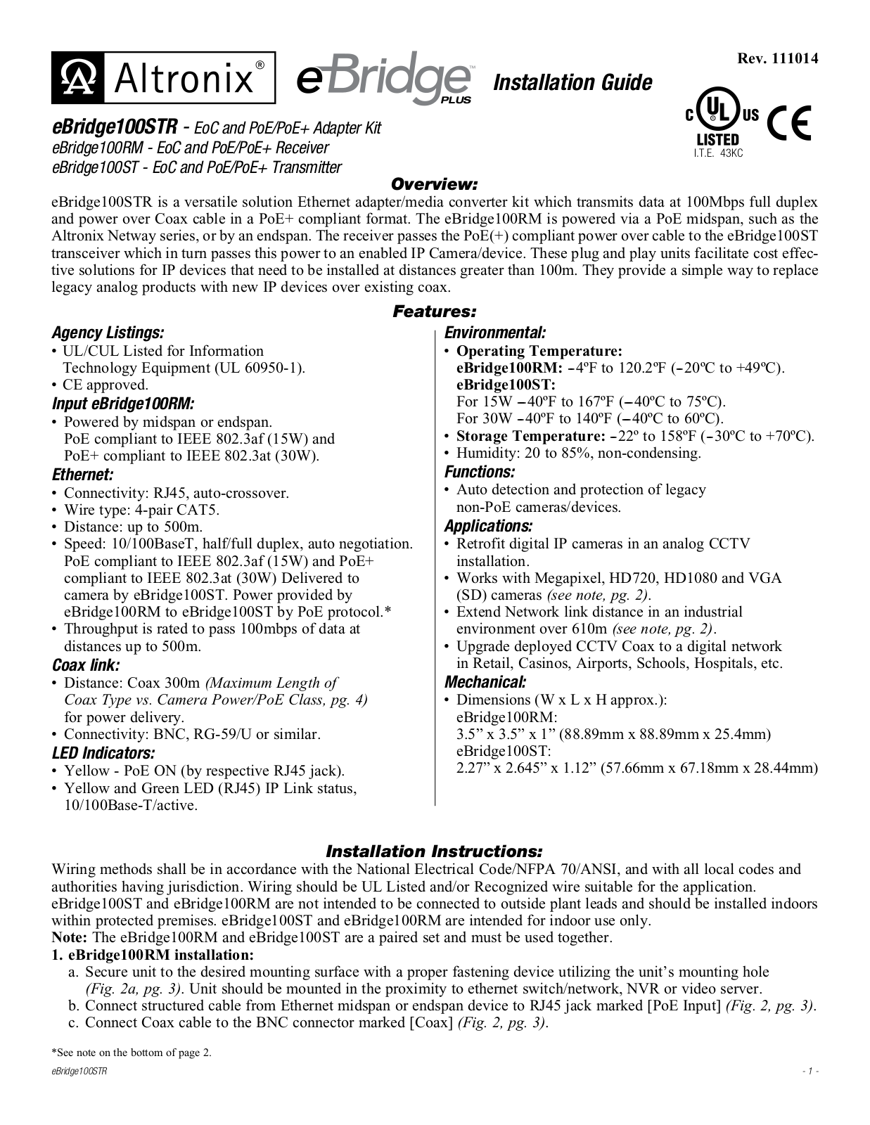 Altronix EBRIDGE100STR User Manual