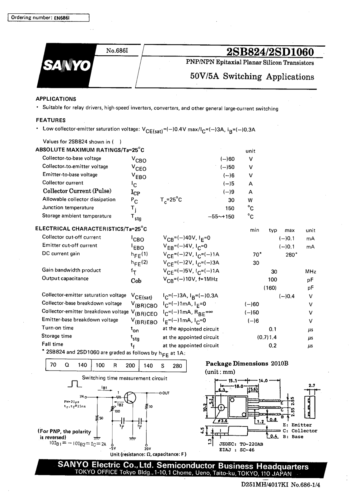 SANYO 2SD1060, 2SB824 Datasheet