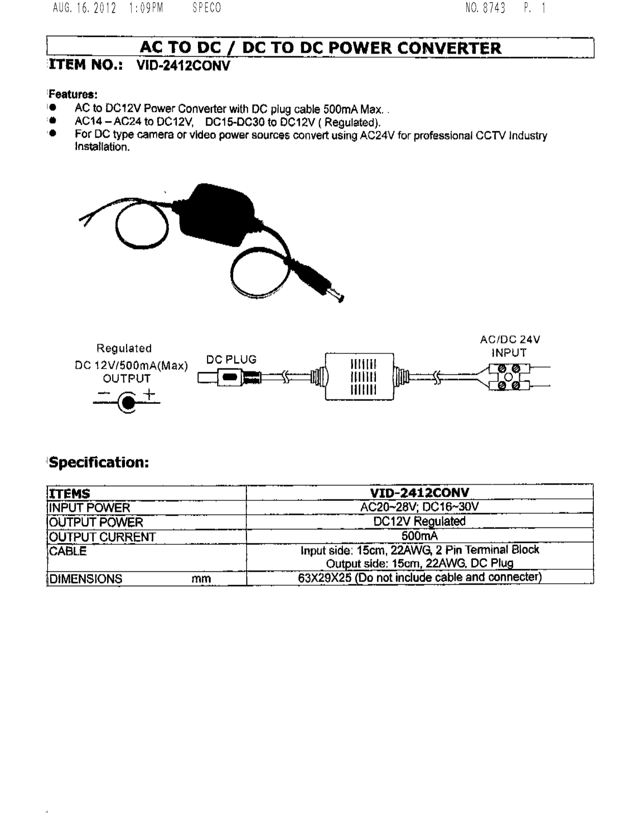 Speco VID2412CONV Specsheet