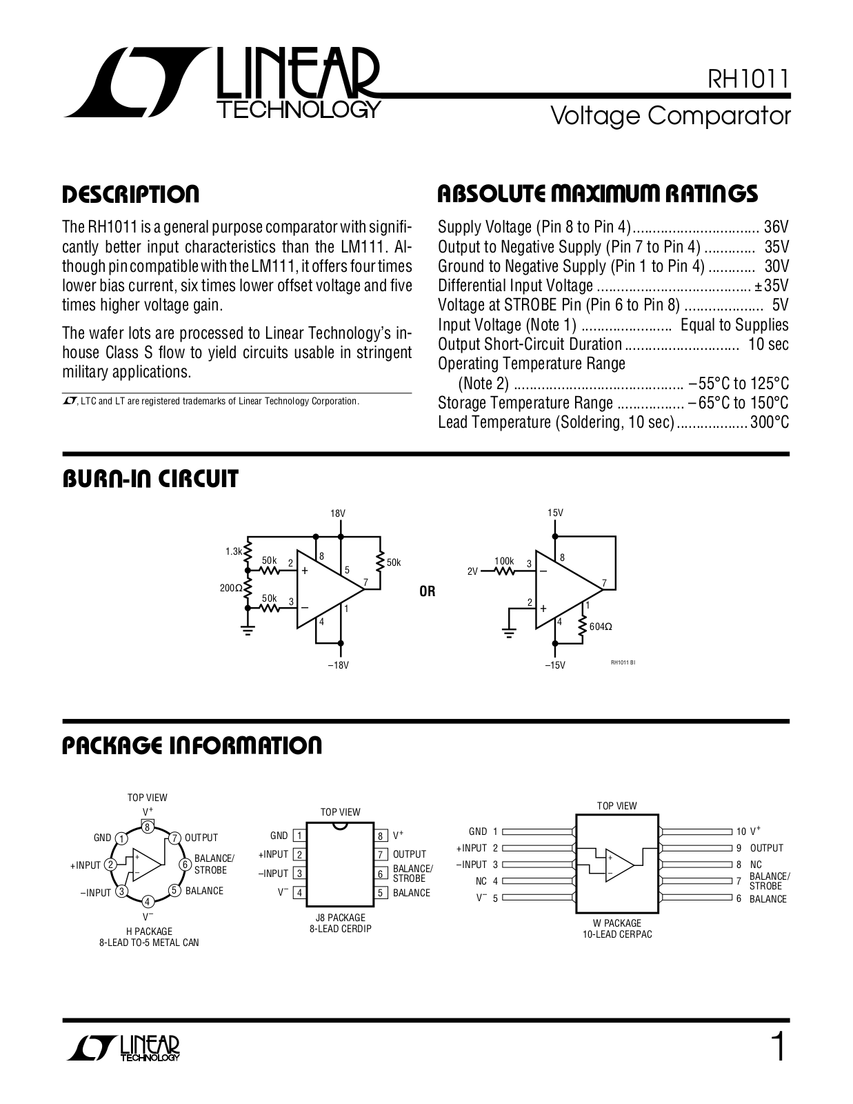 Linear Technology RH1011 Datasheet