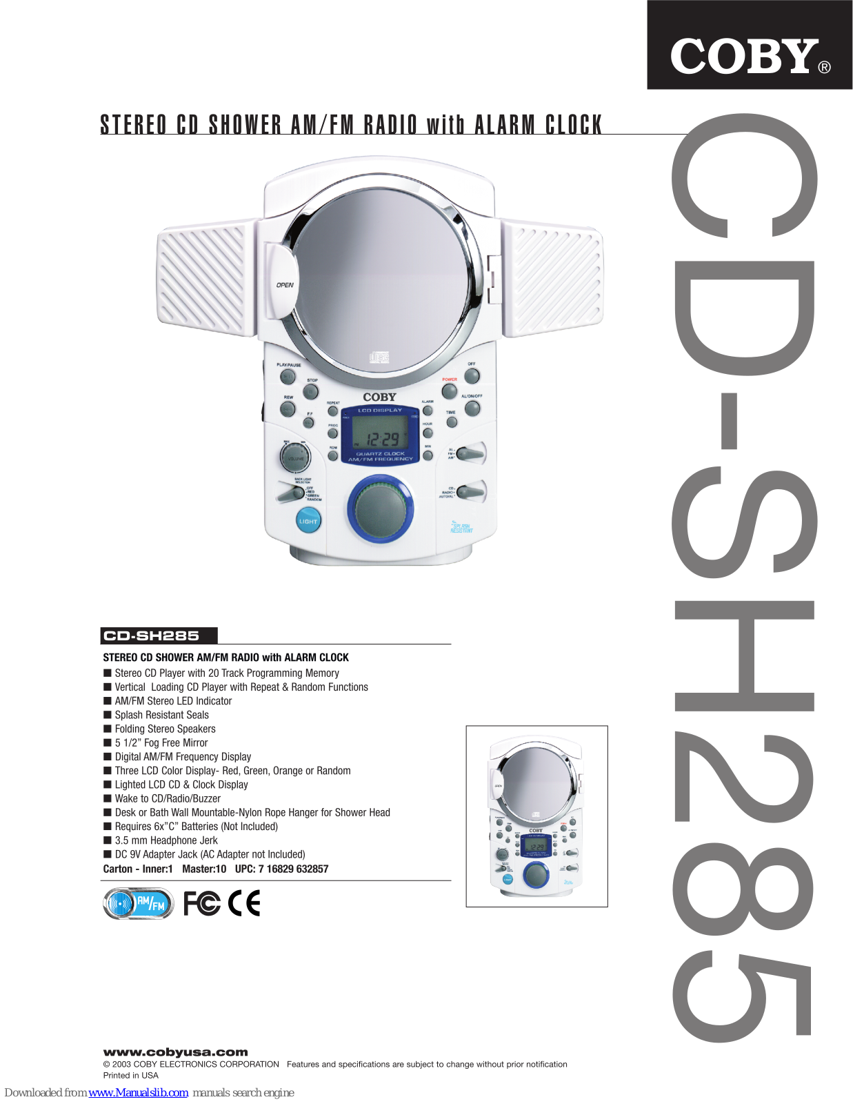 Coby CD-HS285, CD-SH285 Specification Sheet