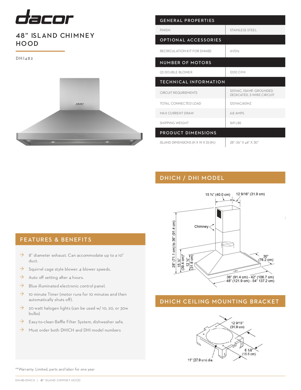 Dacor DHI482 Specs