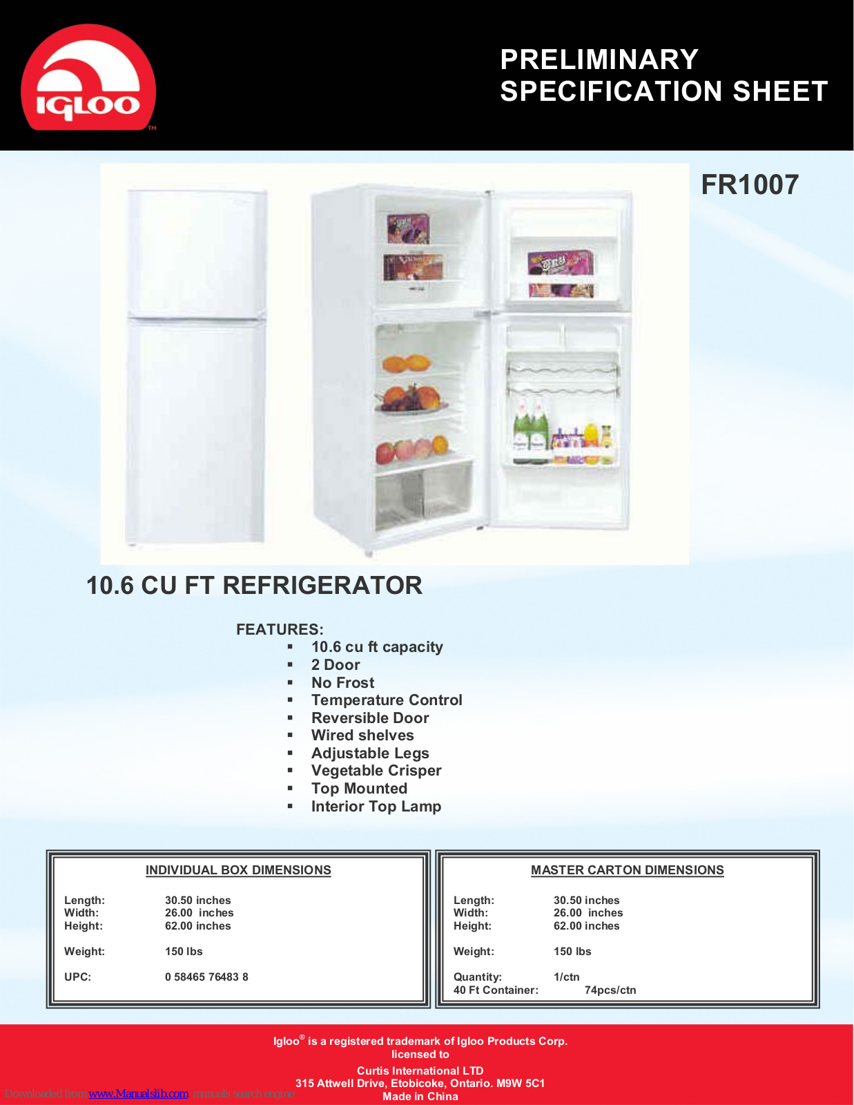 Igloo FR1007 Preliminary Specification Sheet