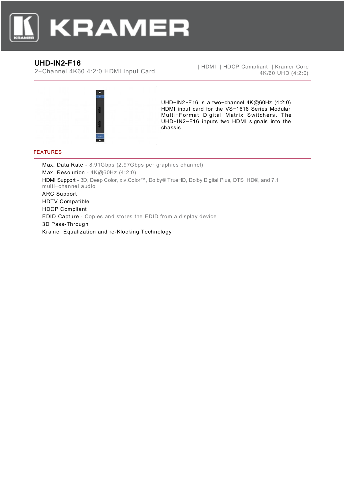 Kramer UHD-IN2-F16 Datasheet