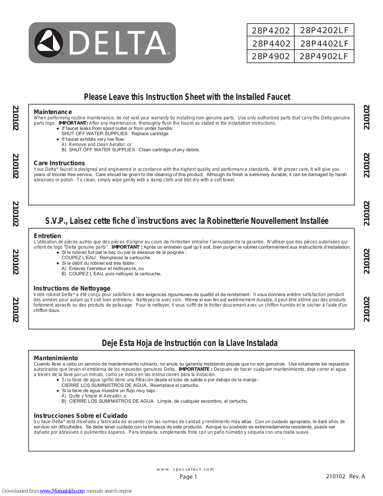 Delta 28P4202, 28P4202LF, 28P4402, 28P4402LF, 28P4902 Instruction Sheet