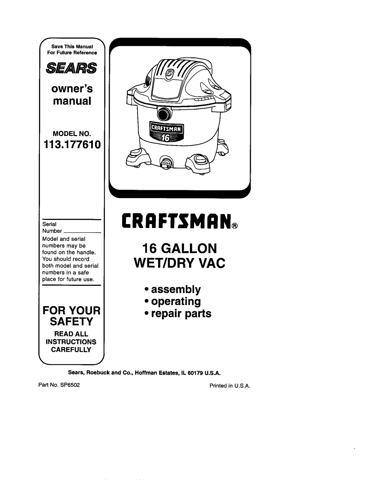 Craftsman 113177610, 11317313 Owner’s Manual