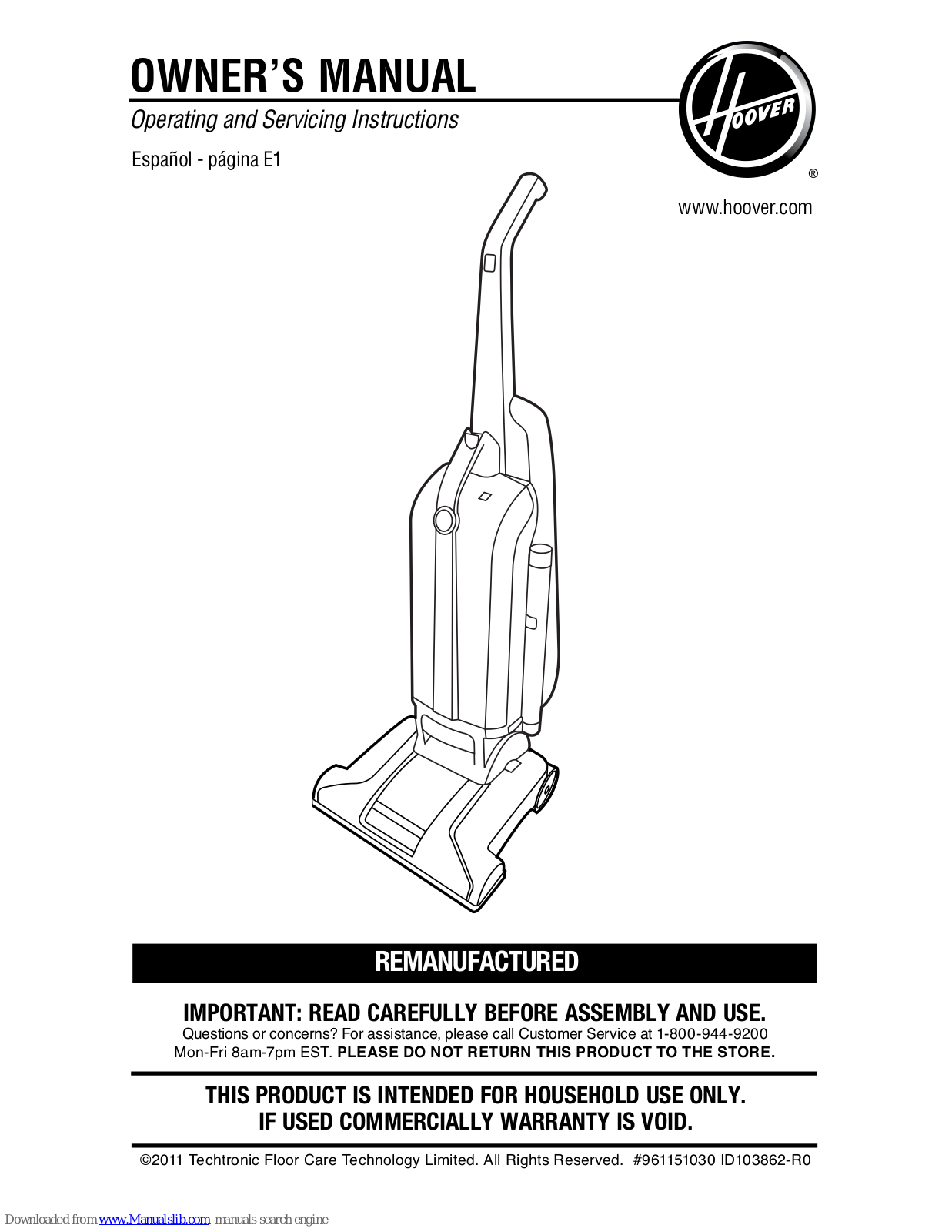 Hoover UH30308RM Owner's Manual