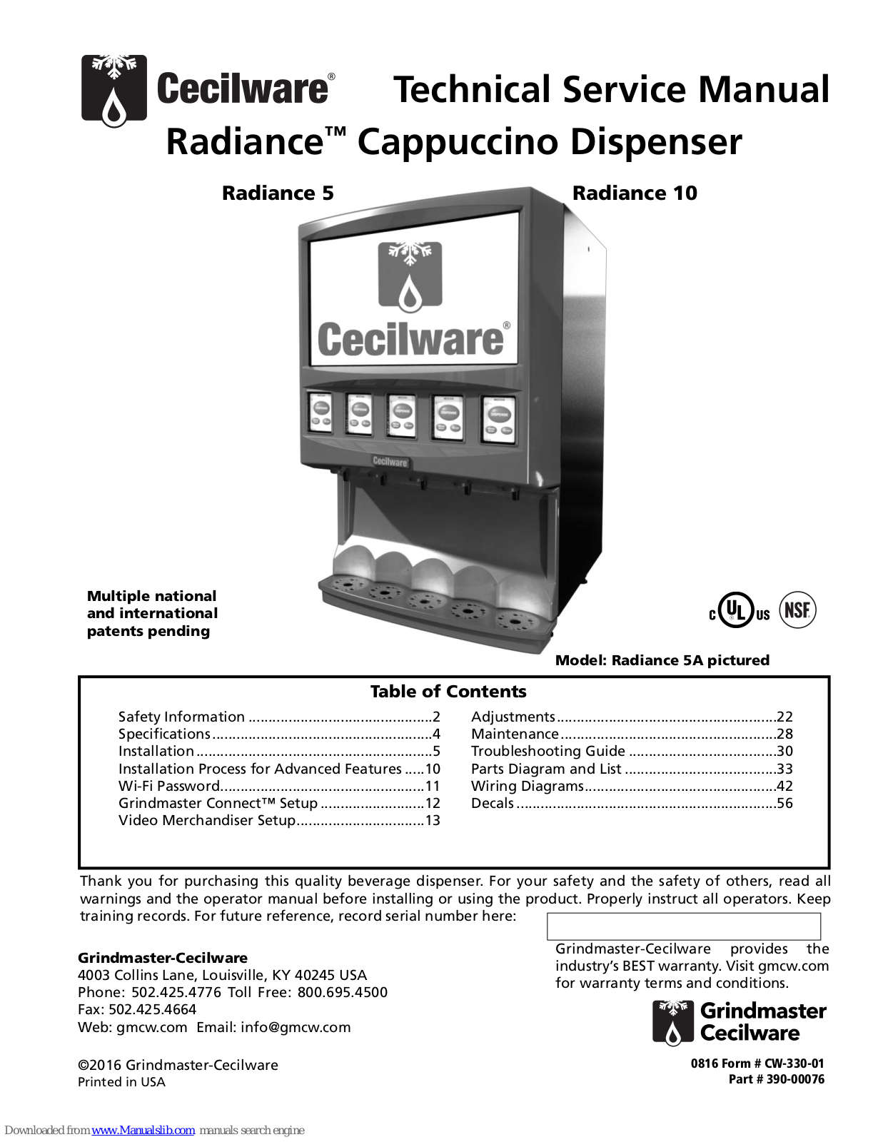 Cecilware Radiance 5, Radiance 10 Technical & Service Manual