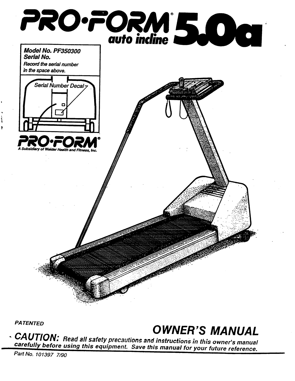 ProForm PF350300, auto incline 50a Owner's Manual