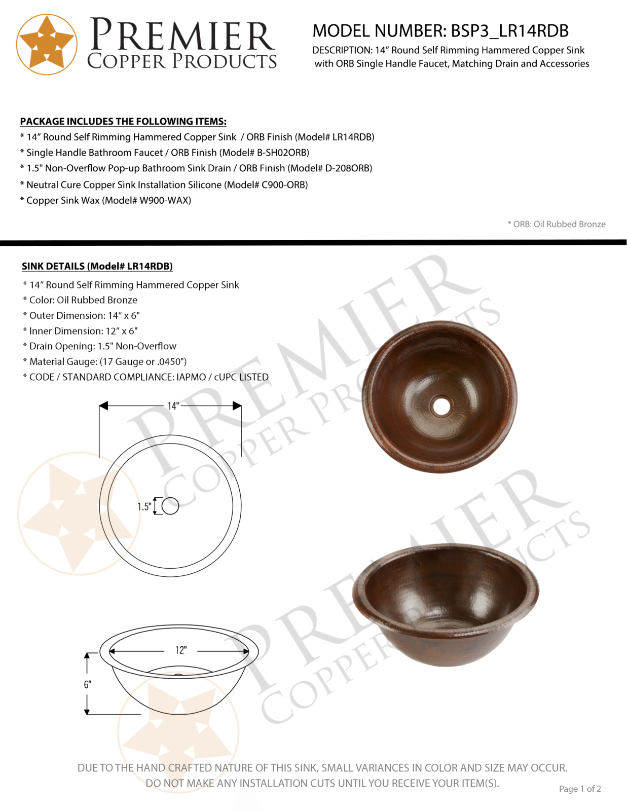 Premier Copper Products IER1630 Specifications - ManualMachine.com