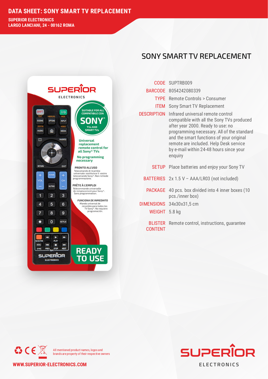SUPERIOR SONY SMART TV REPLACEMENT Data sheet - ManualMachine.com