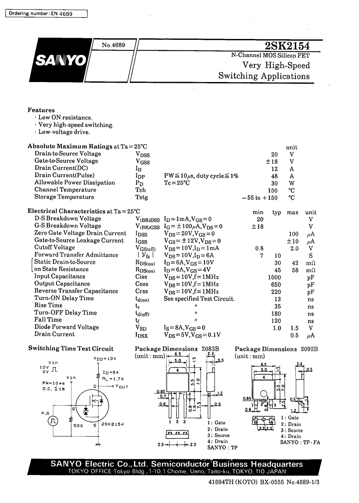 Datasheet 2SK2154 Datasheet (SANYO) - ManualMachine.com