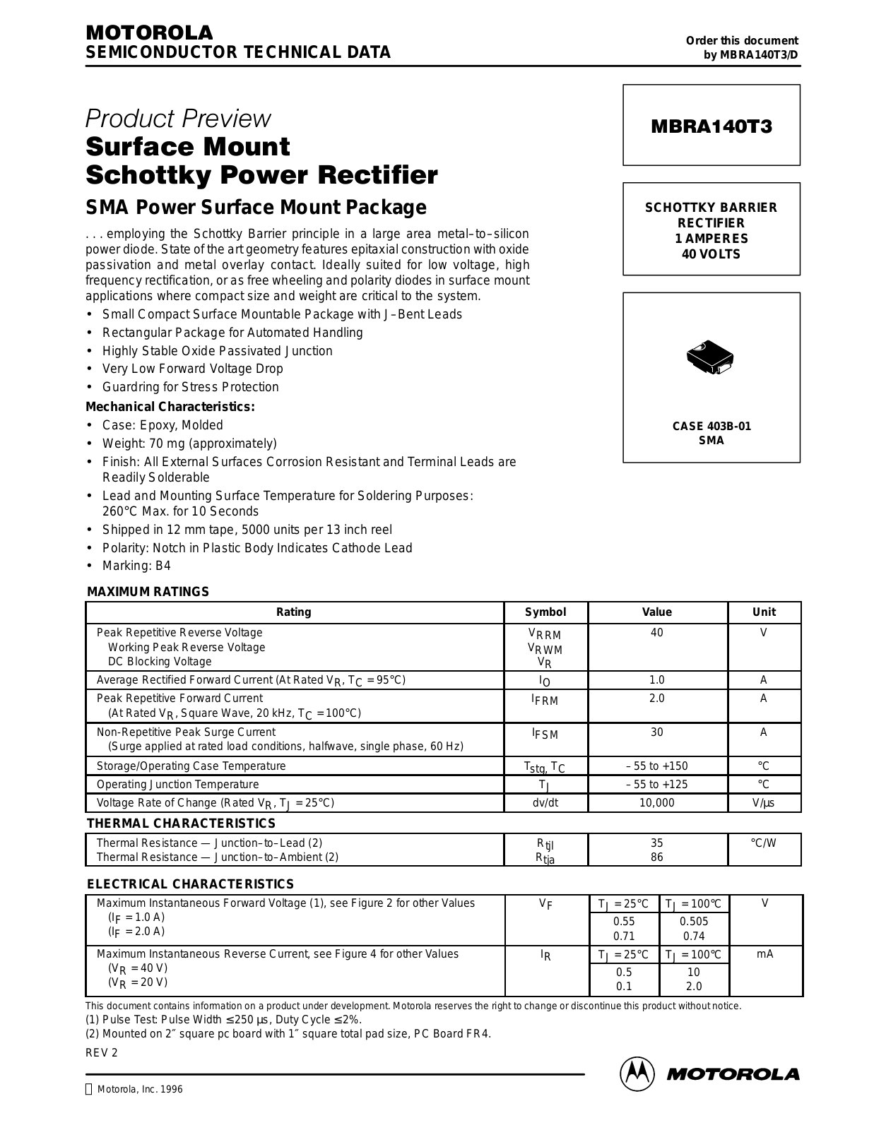 Motorola MBRA140T3 Datasheet