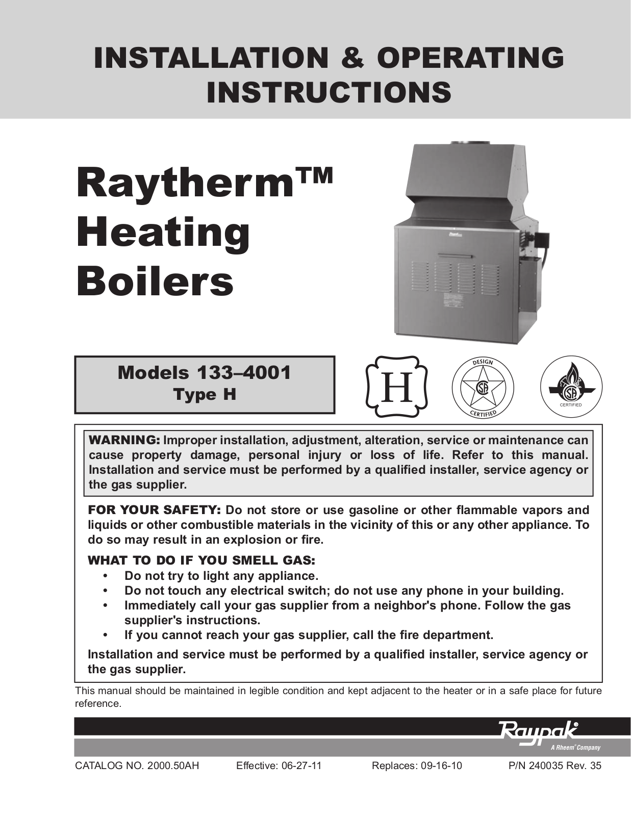 Raypak 133-4001 User Manual