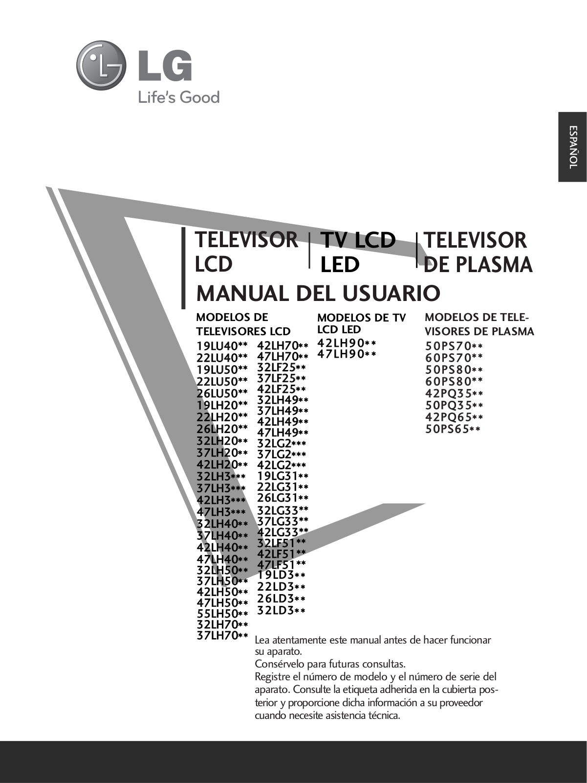 Lg 32LF2500, 60PS8000, 32LH4000, 50PS8000, 47LH4000 User Manual