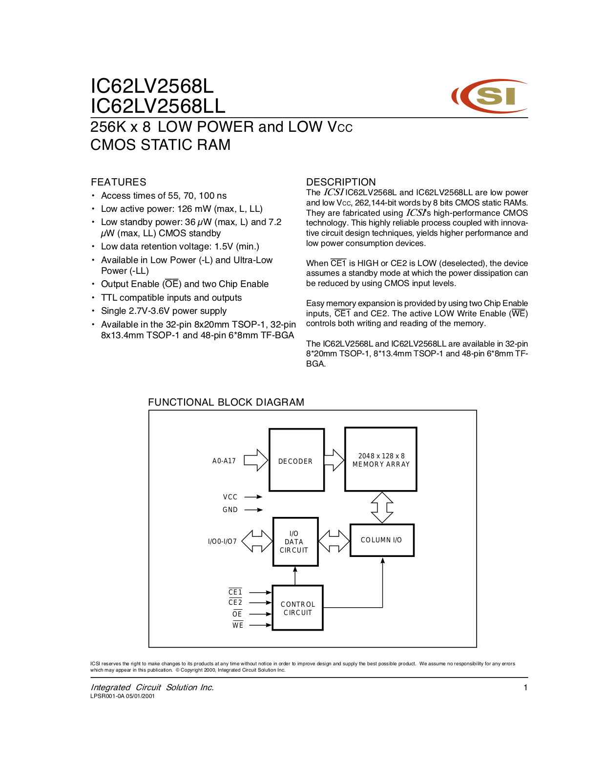 ICSI IC62LV2568L-100B, IC62LV2568L-100BI, IC62LV2568L-100H, IC62LV2568L-100HI, IC62LV2568L-100T Datasheet