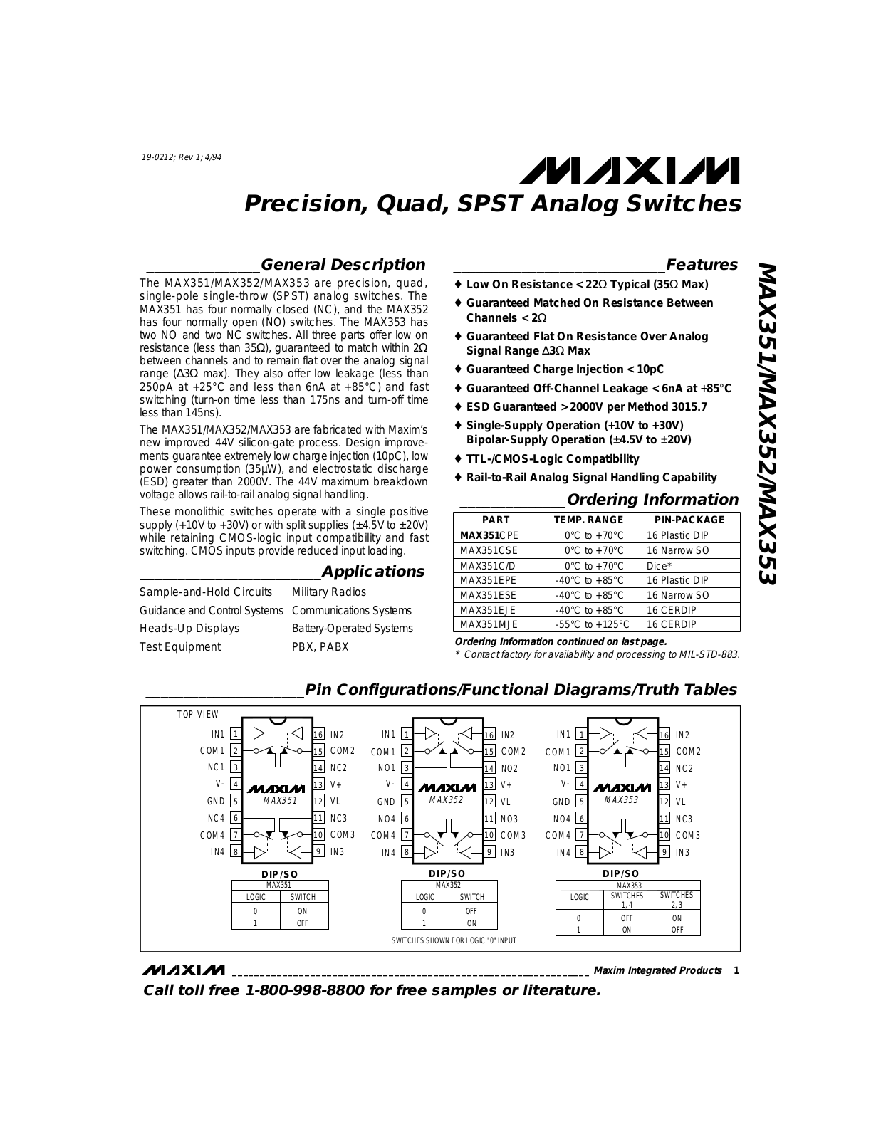 Maxim MAX353C-D, MAX352MJE, MAX352ESE, MAX352EPE, MAX352EJE Datasheet