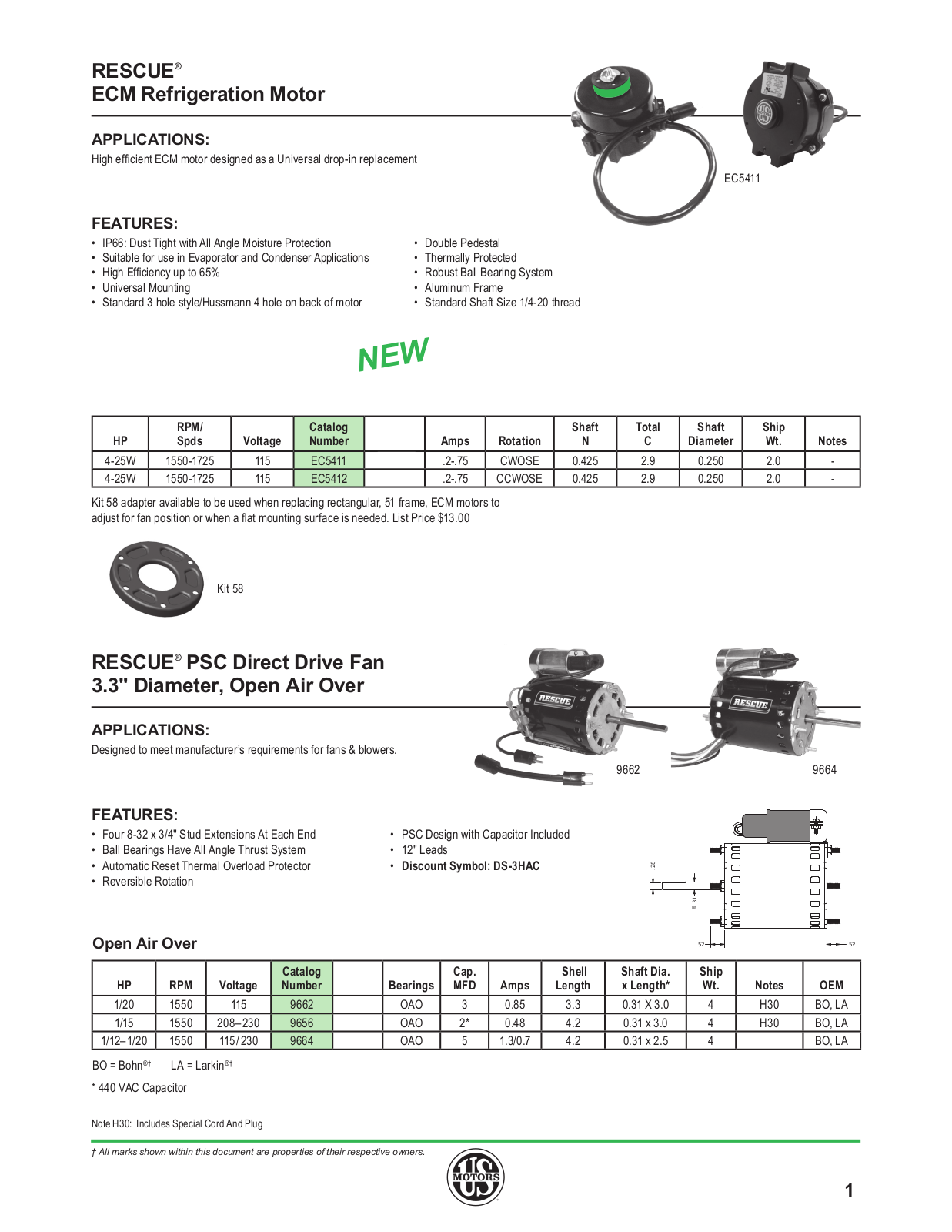 US Motors RESCUE® ECM Refrigeration Motor Catalog Page