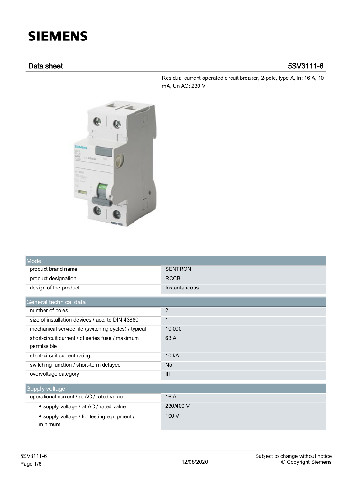 Siemens 5SV3111-6 data sheet