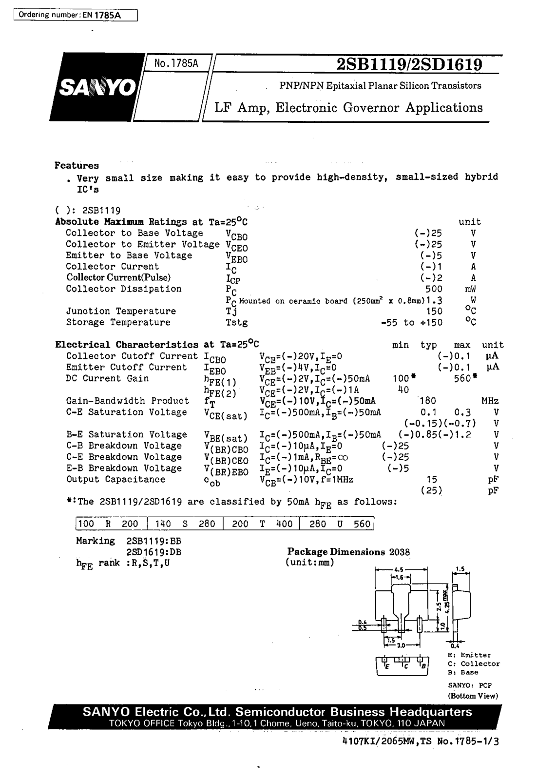 SANYO 2SD1619, 2SB1119 Datasheet