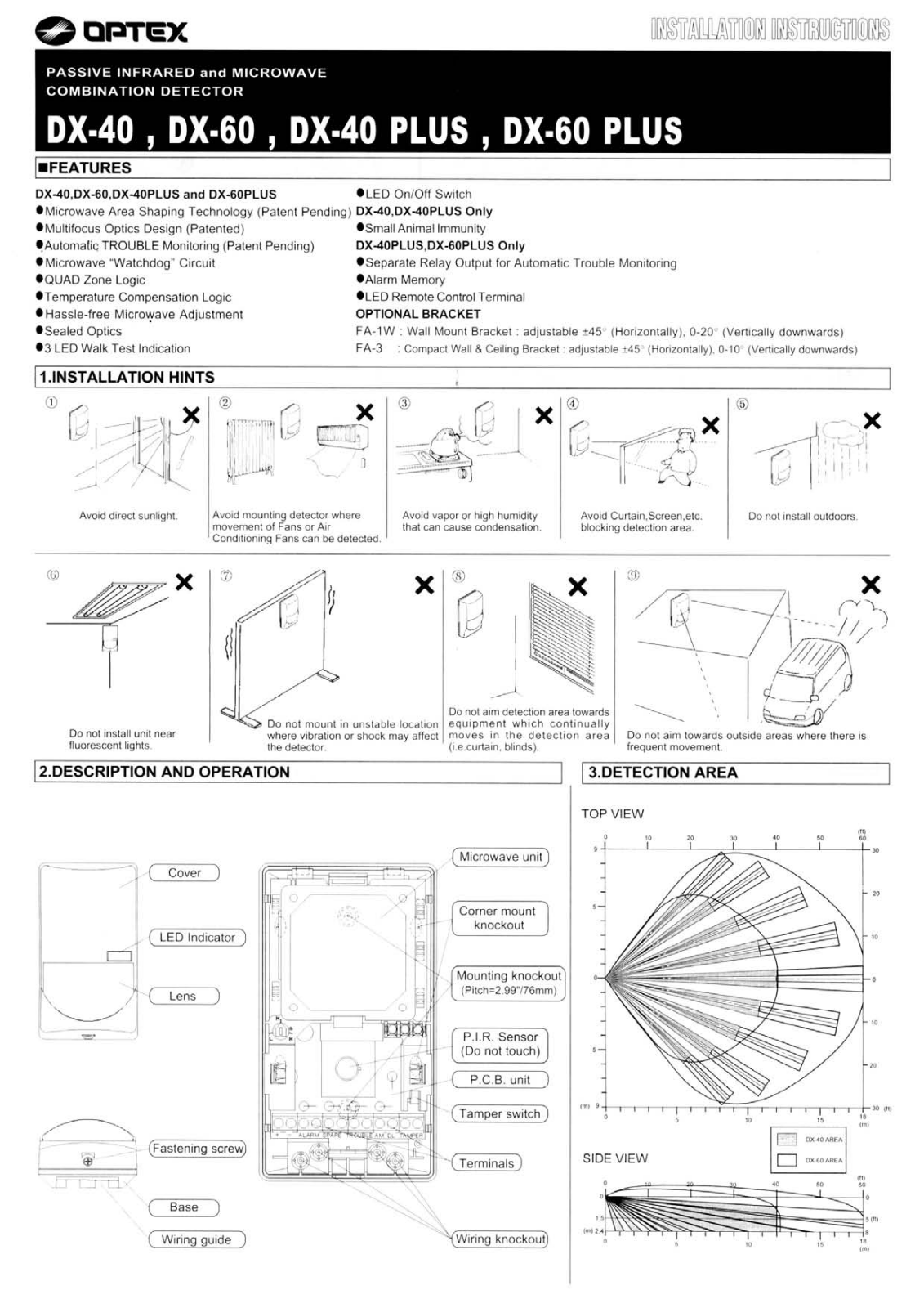 Optex DX-60, DX-40PLUS, DX-40, DX-60PLUS Installation