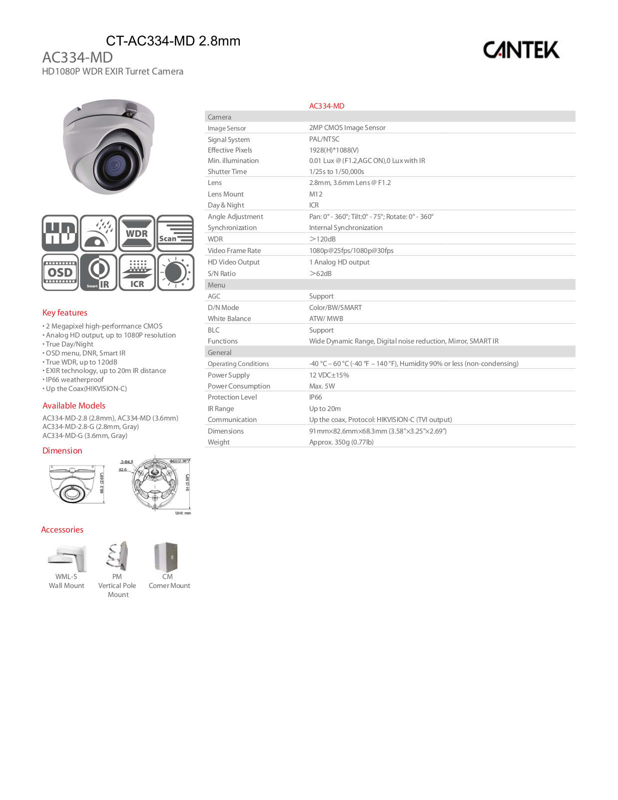 Cantek CT-AC334-MD 2.8mm Specsheet