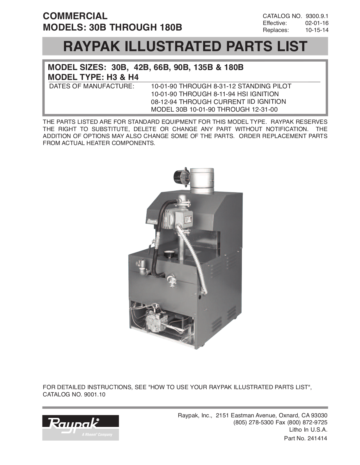 Raypak H3-135B Parts List