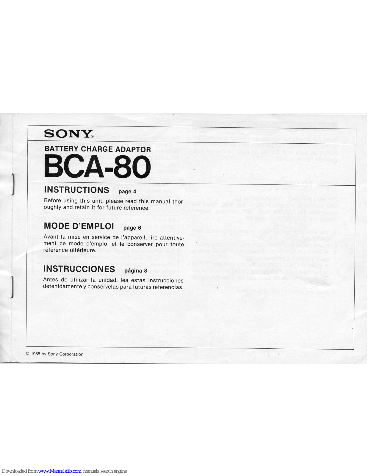 Sony BCA-80 Instructions Manual