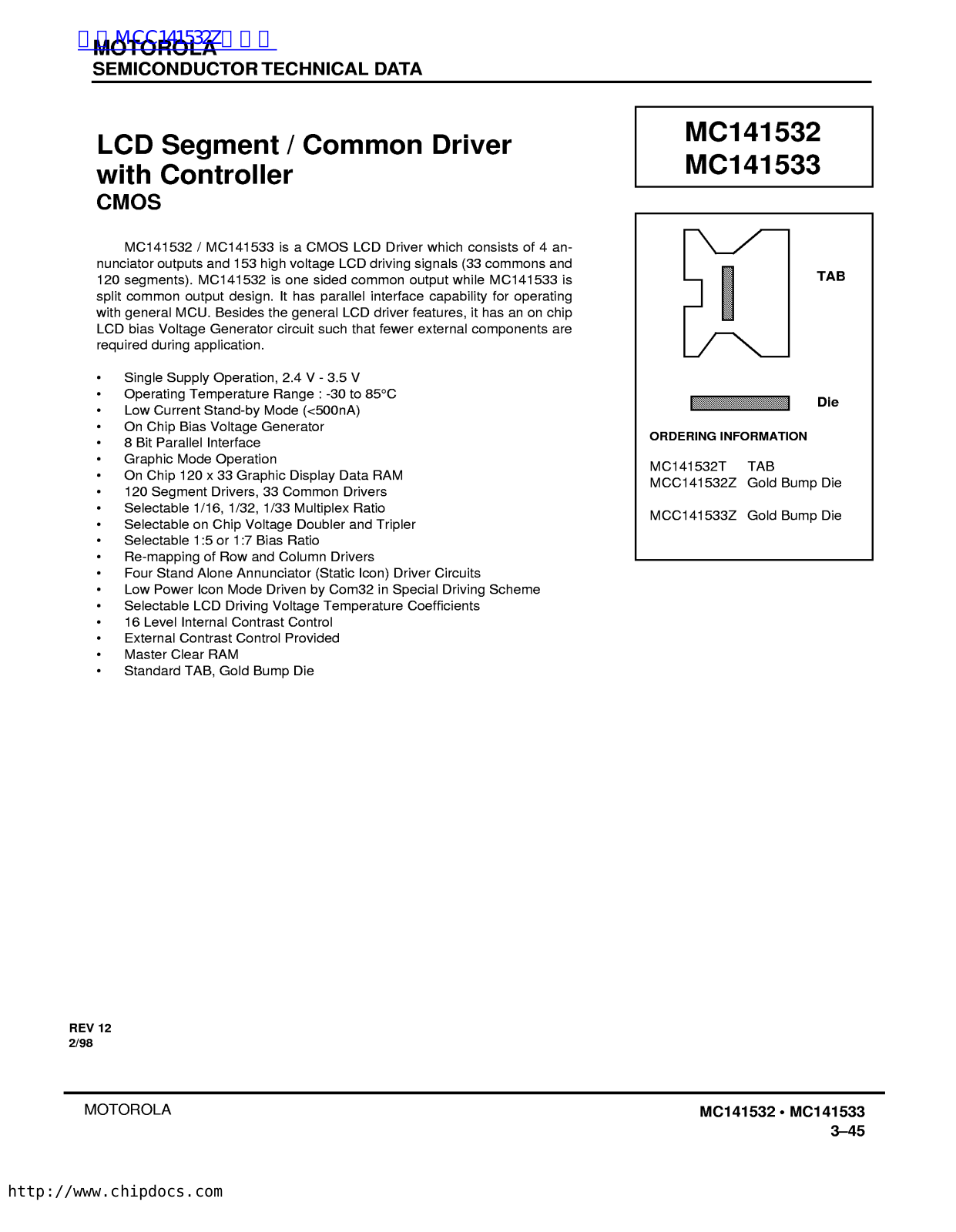 MOTOROLA MC141532, MC141533 Technical data