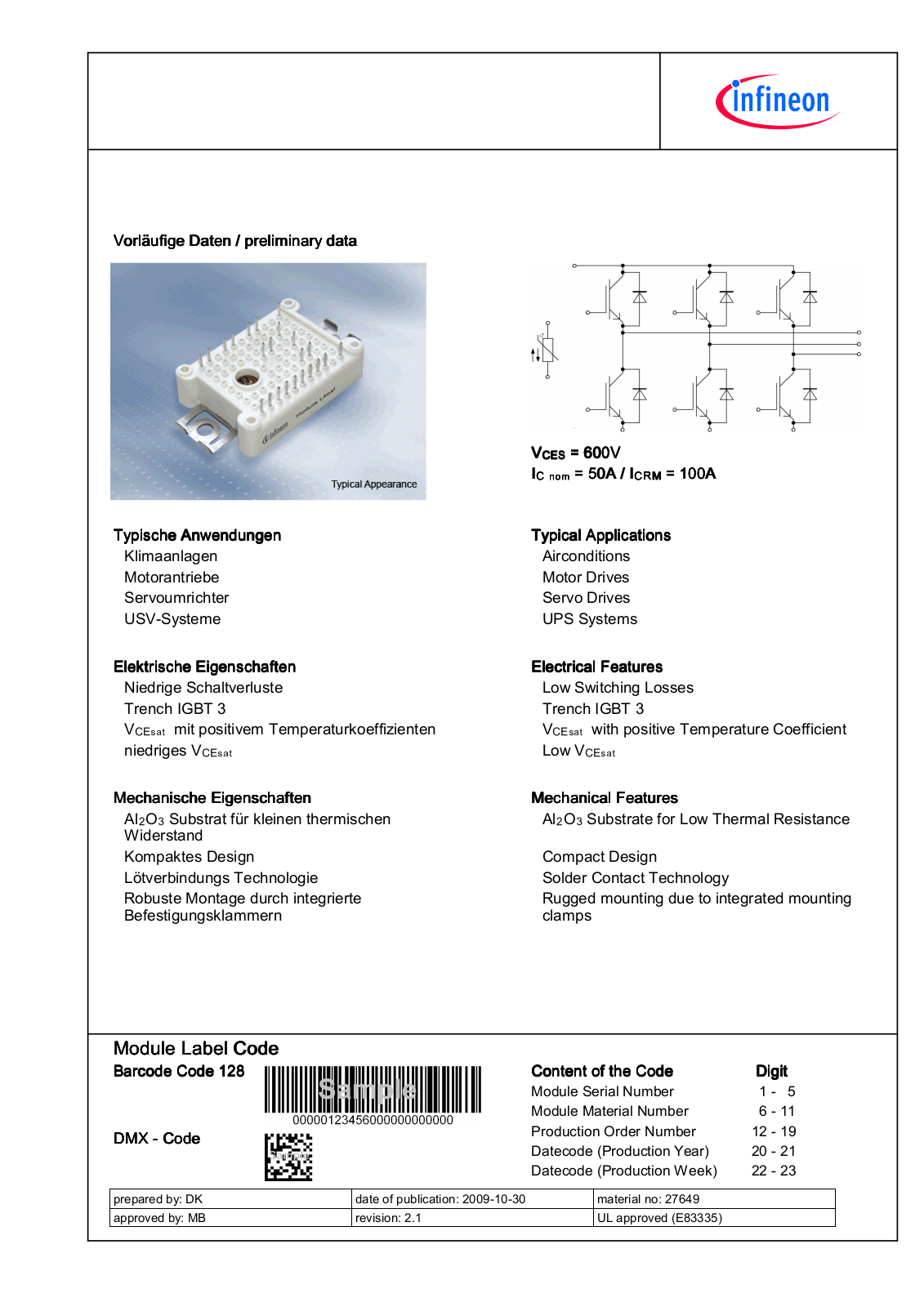 Infineon FS50R06W1E3 Data Sheet