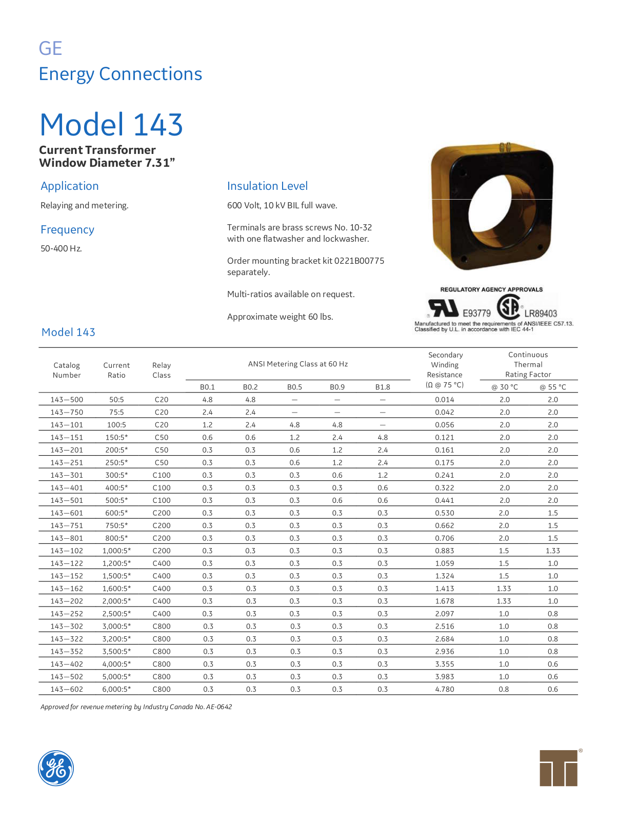 Instrument Transformer, Div of GE 143 Data Sheet