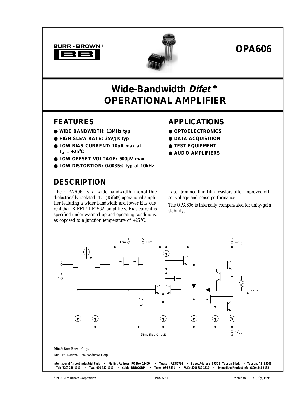 Burr Brown OPA606KP, OPA606LM, OPA606KM Datasheet