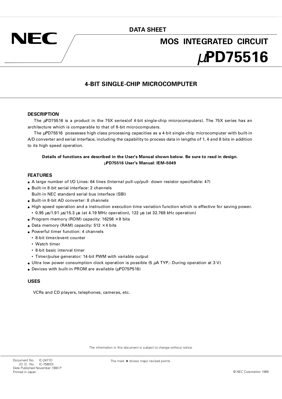 NEC UPD75516GF-XXX-3B9, UPD75516GF-A-XXX-3B9 Datasheet