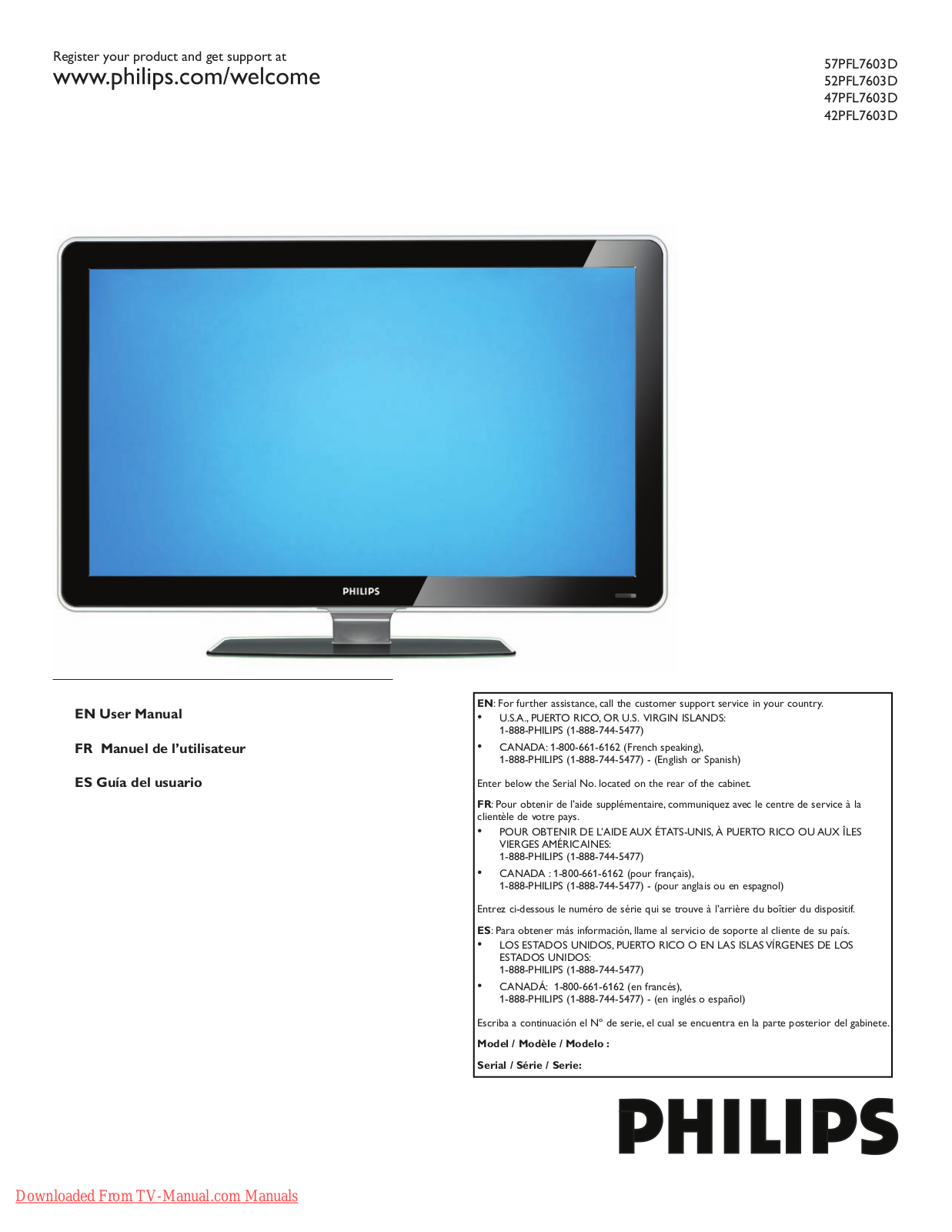 Philips 42PFL7603D, 47PFL7603D, 52PFL7603D User Manual