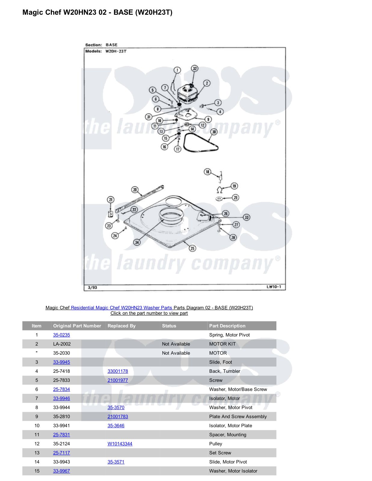 Magic Chef W20HN23 Parts Diagram