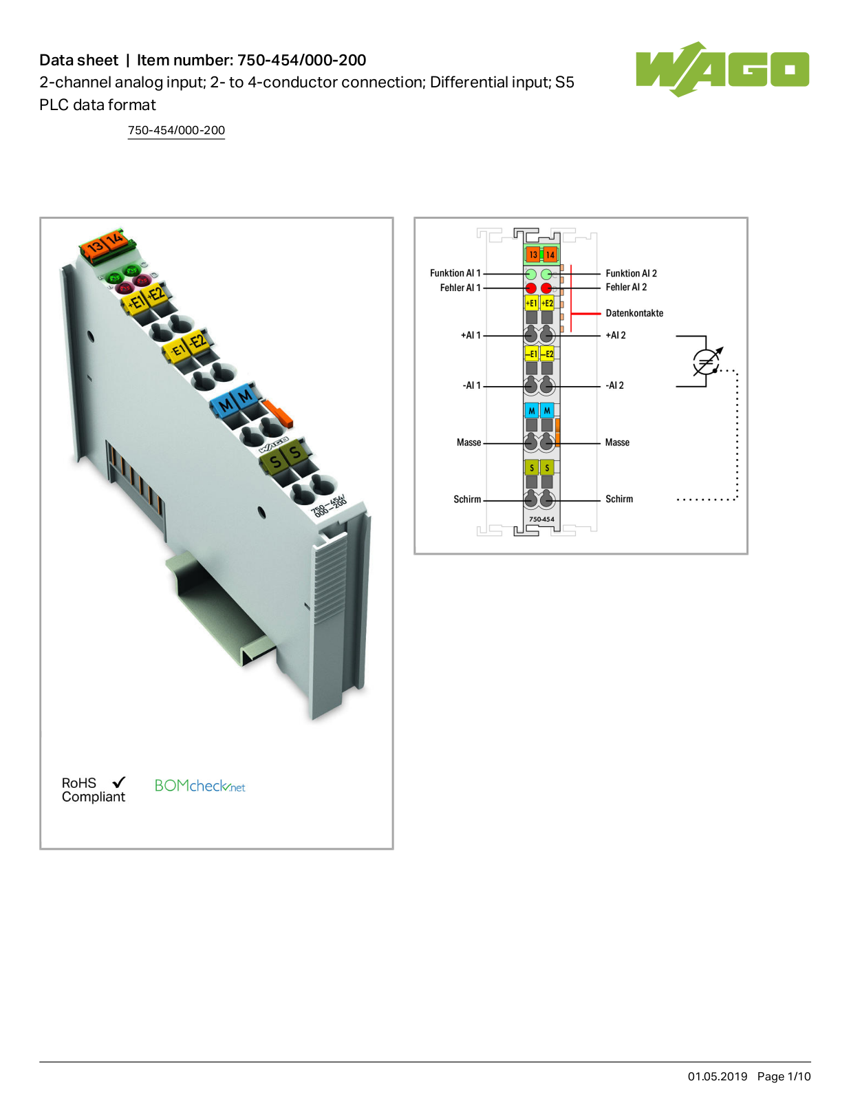 Wago 750-454/000-200 Data Sheet