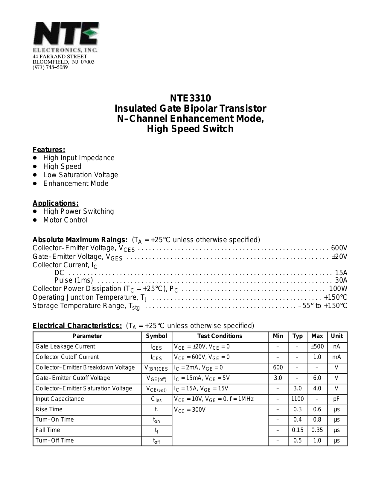 Datasheet NTE3310 Datasheet (NTE) - ManualMachine.com