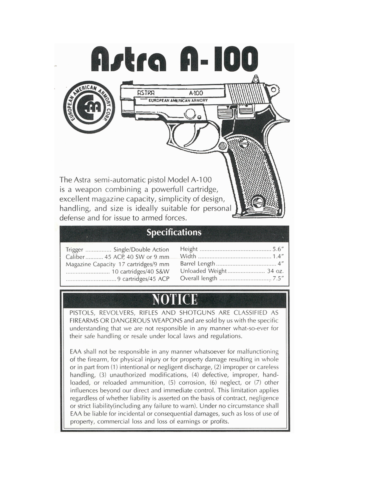 EAA Astra A-100 Instruction Manual