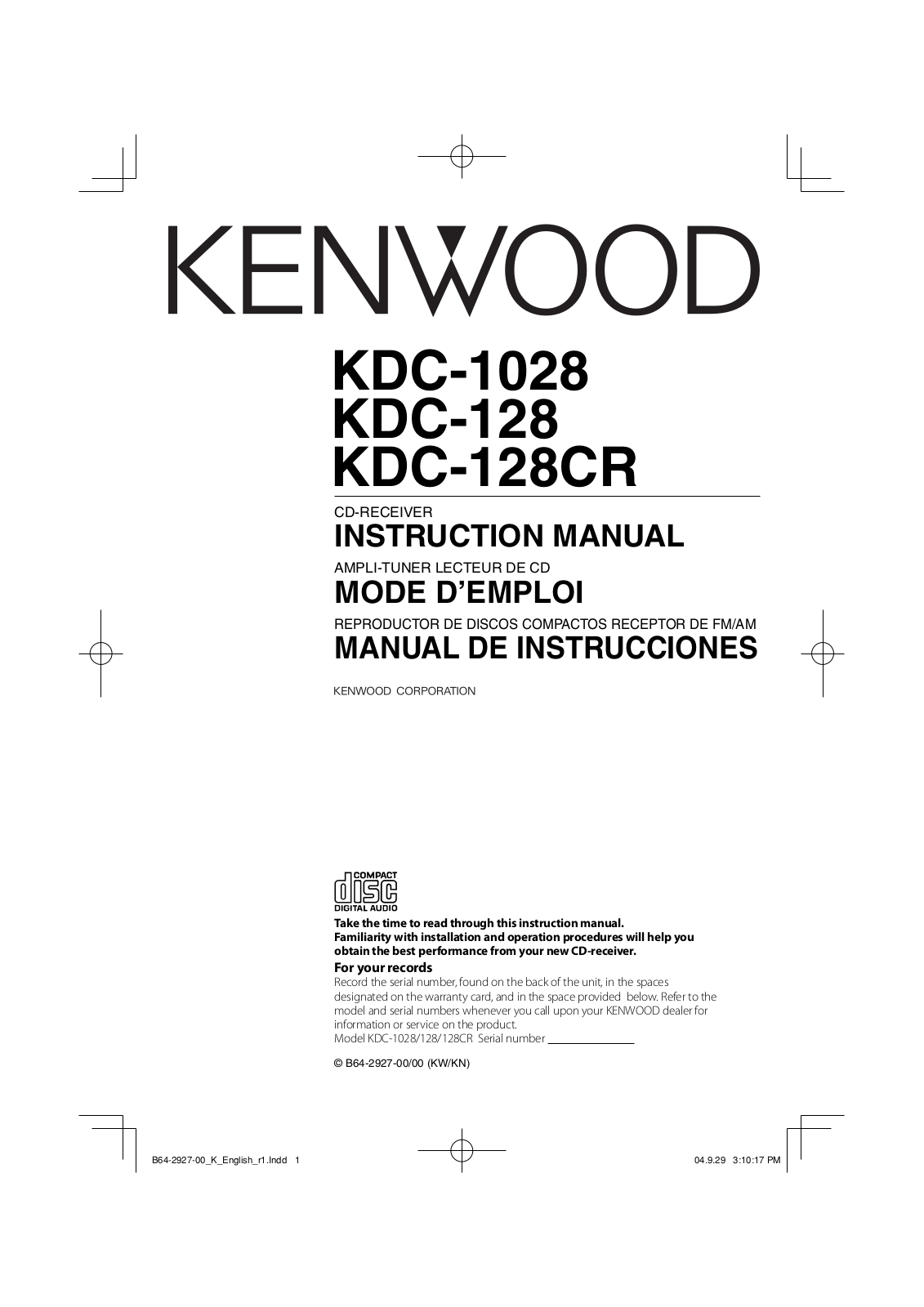 Kenwood KDC-128CR, KDC-1028, KDC 128 User Manual