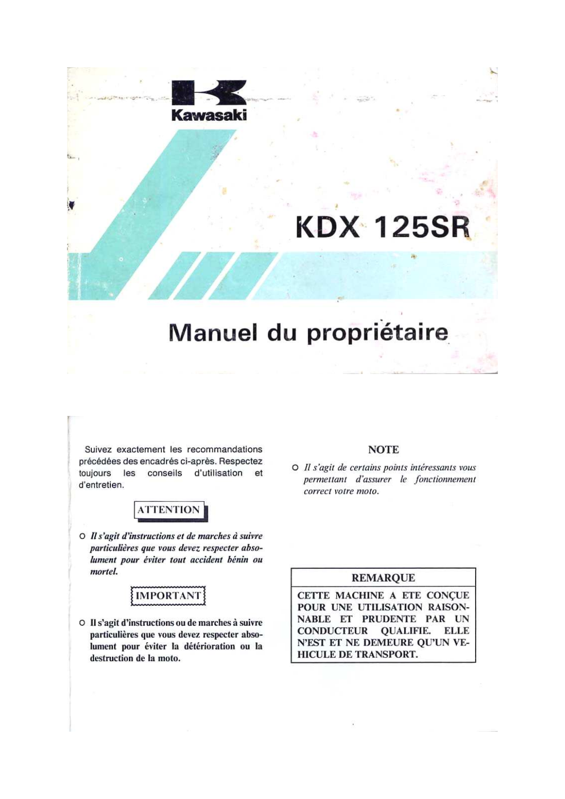 KAWASAKI KDX 125SR User Manual