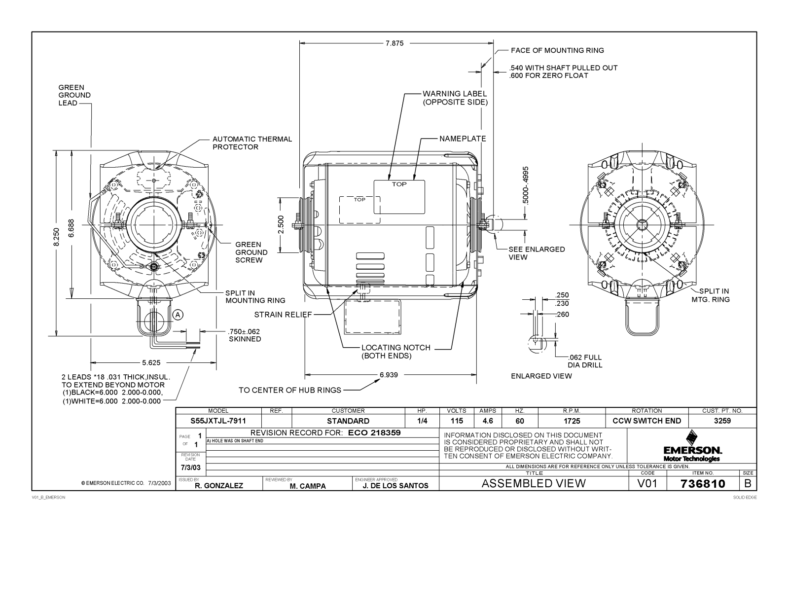 US Motors 3259 Dimensional Sheet