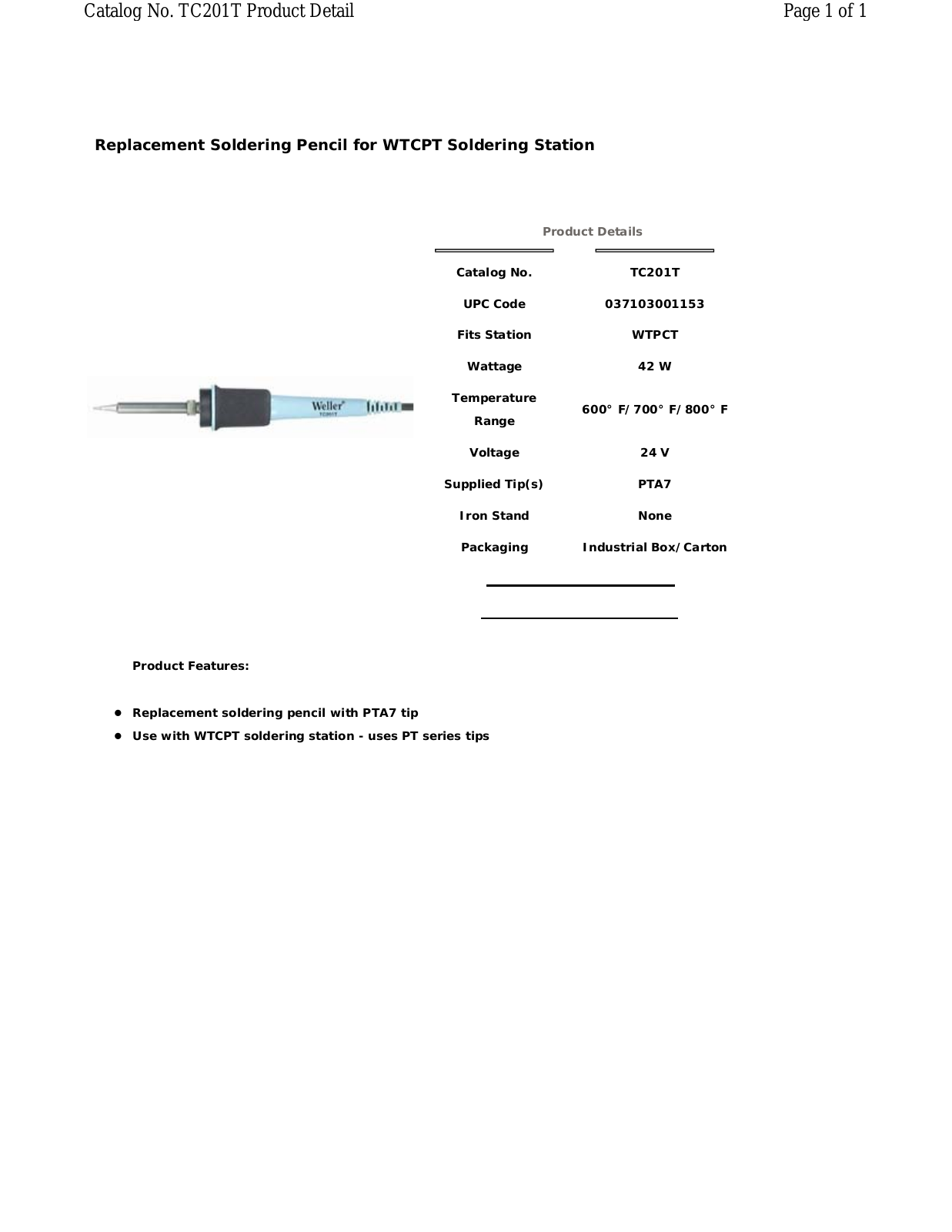 Weller - Apex Tool Group TC201T Data Sheet